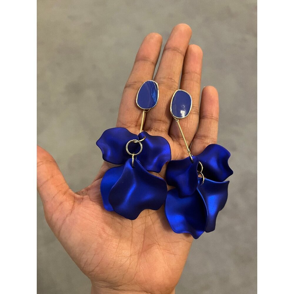 Royal blue earrings blue petal earrings blue flower long large earrings wedding
